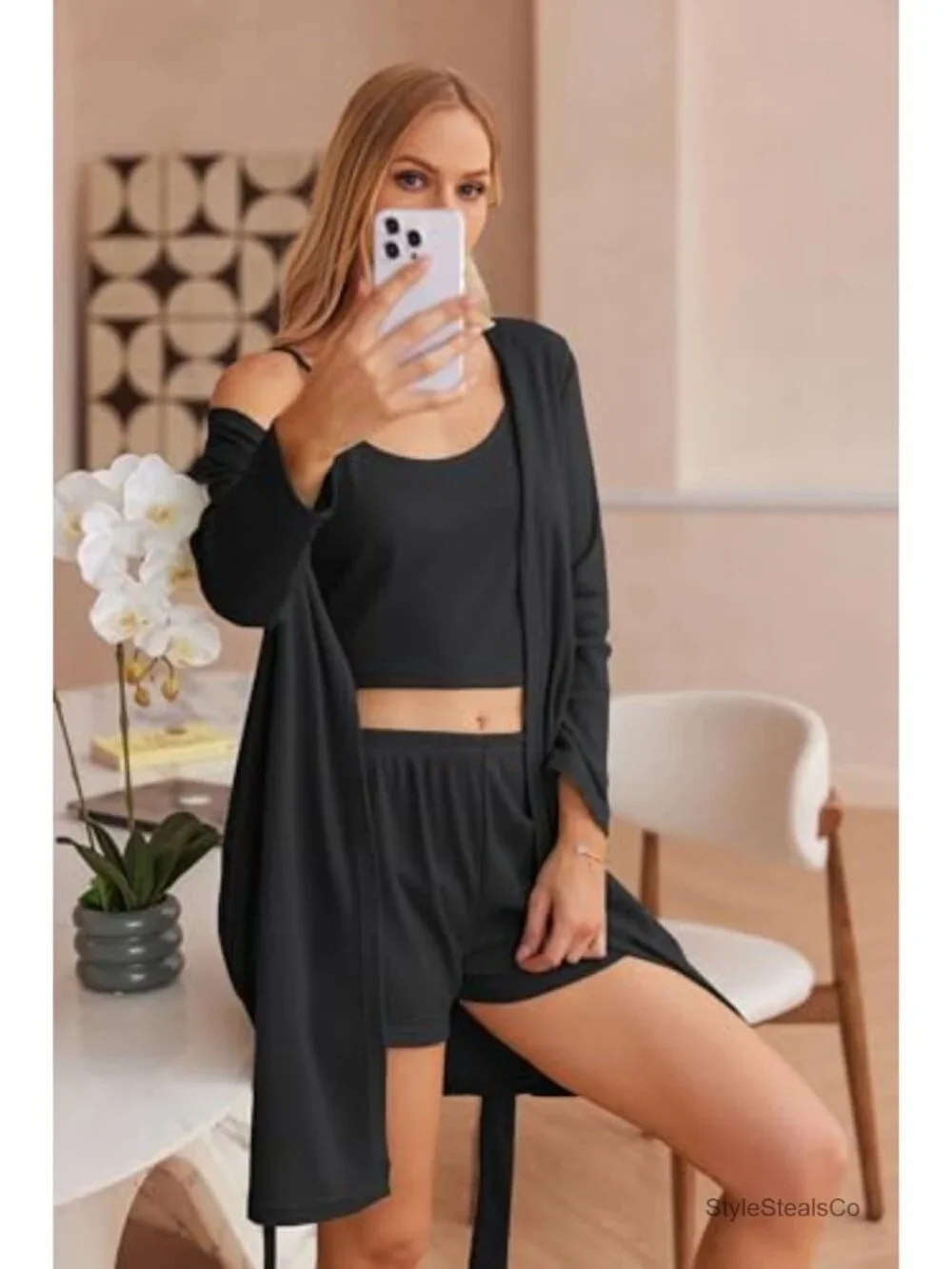 3 Piece Waffle Knit Lounge Set with Cardigan Pocket Crop Top Shorts Pajama Set
